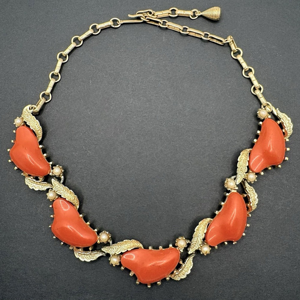 Vintage Coro Orange Coral Choker Necklace Leaves Faux Pearls Acrylic READ